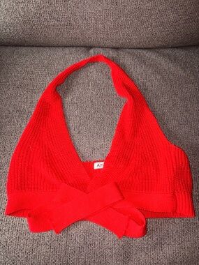 Red Knit Halter Crop Top with Tie Front